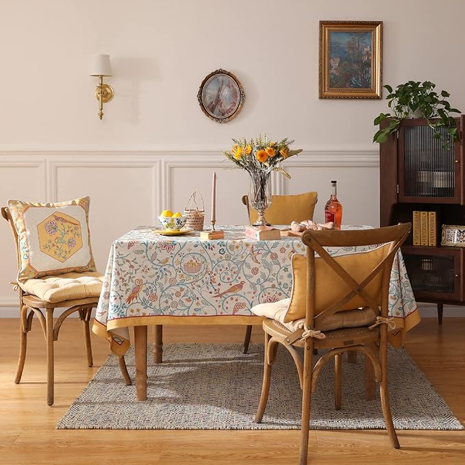 patdrea Designer Vintage Square Table Cloth,Yellow Linen Floral Birds Pattern Colorful Tablecloths,Decorative Table Cover for Kitchen Dining Banquet,Christmas,Thanksgiving,67"x67"-Magnolia