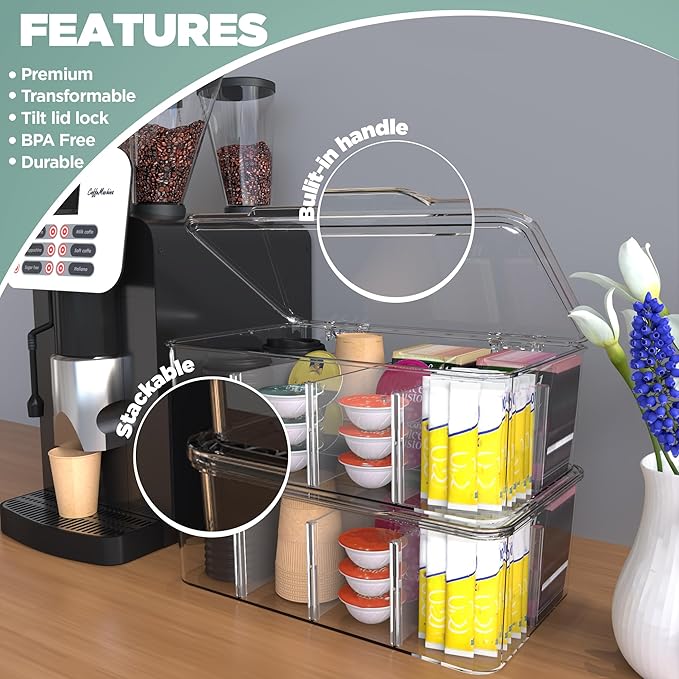 Utopia Home - Tea Bag Organizer With Lids, Clear Pantry Storage Box - (3 Pack) Stackable Partition Organizers or Holder With Lids For Drawers, Countertops, Fridge, Kitchen, Snack & Spice Organization