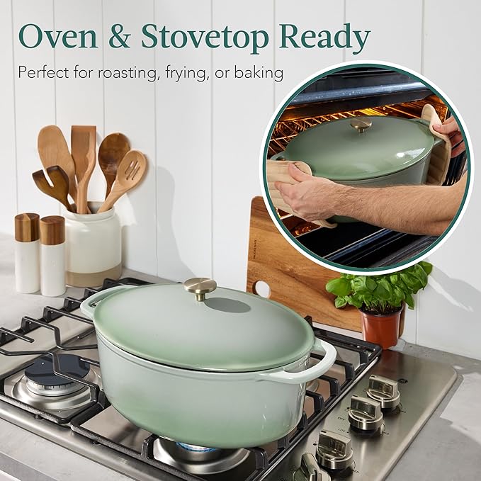Best Choice Products Oval 7.5 Quart Enamel Cast-Iron Dutch Oven, Heavy-Duty Pre-Seasoned for Baking, Cooking w/Side Handles – Sage Green