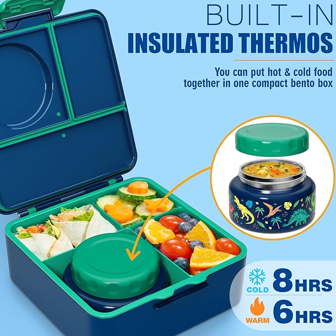 Fimibuke Bento lunch Box Set for Kids Adult with 8oz Thermos Food Jar, Insulated Lunch Bag &Sauce Cup, Leakproof Dishwasher Safe Toddler Lunch Food Container with 3-4 Compartment for School Girls Boys