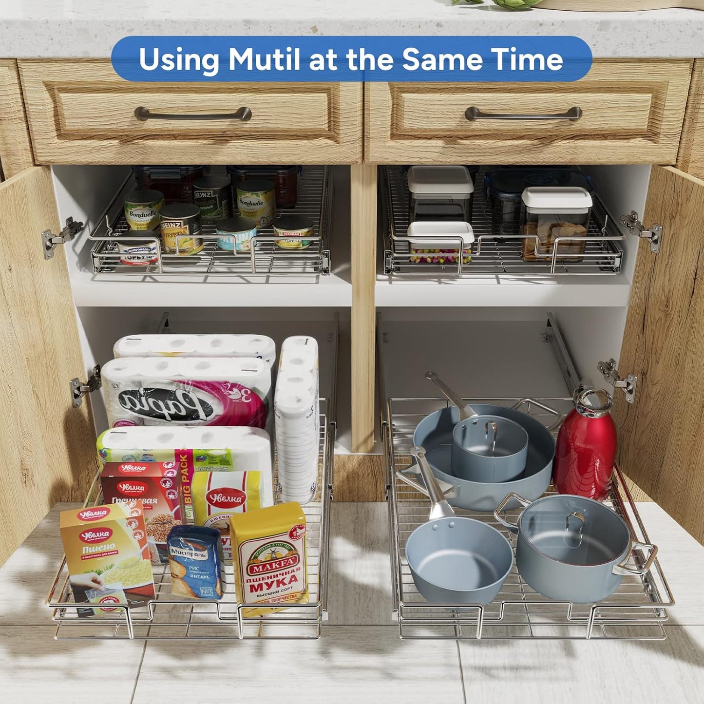 ROOMTEC Pull Out Cabinet Organizer, Single Tier, Black, Kitchen, 9" W x 21" D x 3.5" H, Heavy Duty Slide Out Shelves