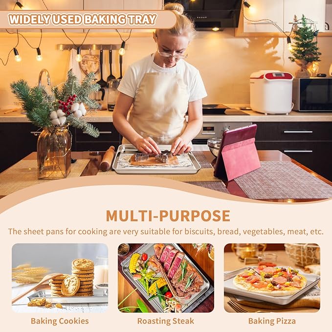 Stainless Steel Baking Sheet Set of 2, Deedro Cookie Sheet Metal Baking Pan Oven Tray, Non Toxic & Heavy Duty, Rust Free & Mirror Finish, Easy Clean & Dishwasher Safe, 9 x 7 x 1 Inch