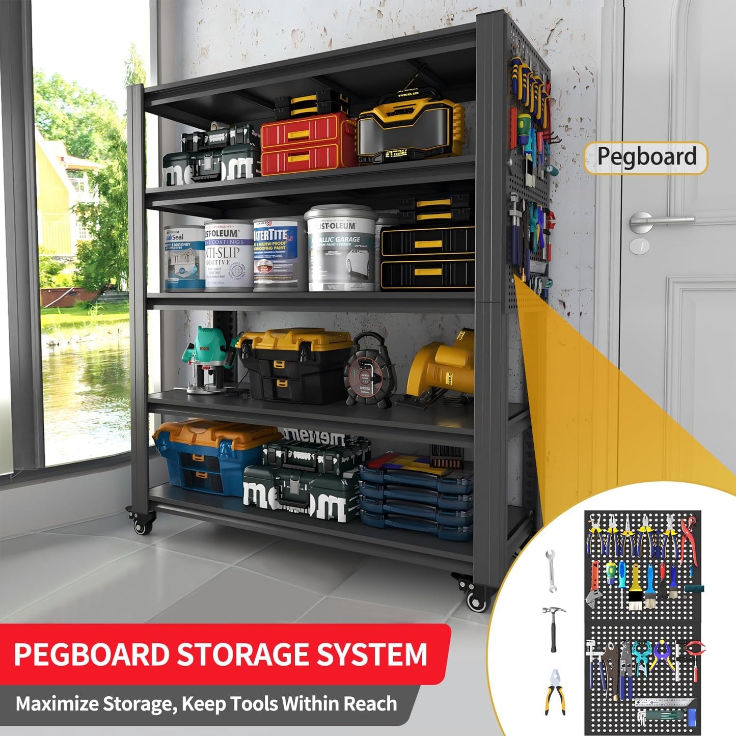 72" H 5-Shelf Metal Storage Shelves, 2000 lbs Garage Shelving Unit with Pegboard, Adjustable Industrial Heavy Duty Storage Rack with Wheels, 47.2" W x 23.6" D for Pantry Basement, Black