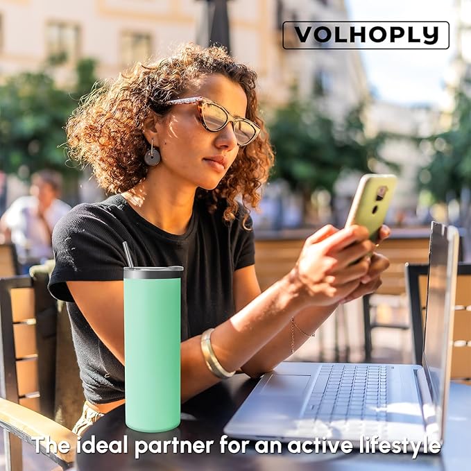 Volhoply 8 Pack Skinny Tumblers with Lid and Straw, 20oz Stainless Steel Straight Tumbler Bulk, Vacuum Insulated Coffee Mug for Home, Office, Travel, DIY (Mint,8 Pack)