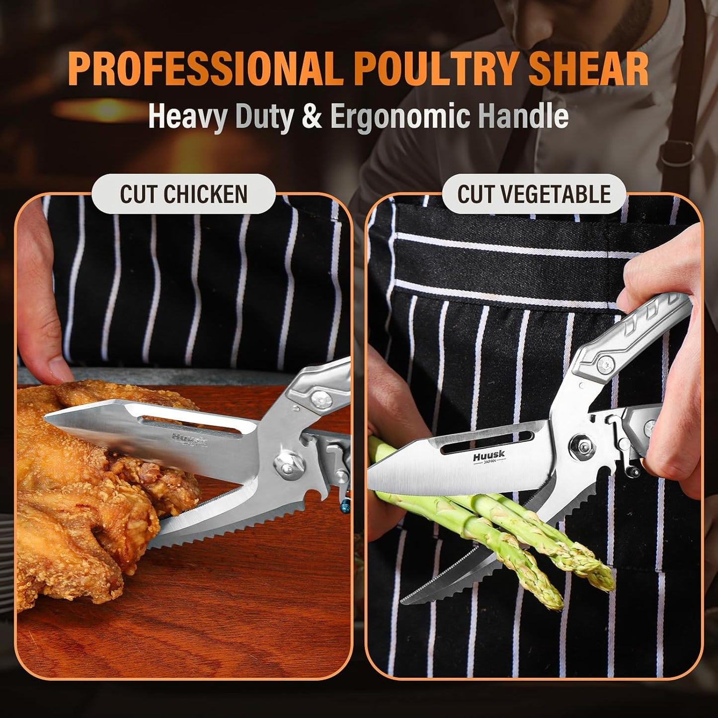 Huusk Heavy Duty Poultry Scissors - Kitchen Scissors with Serrated Edge, Detachable Sharp Shears for Cutting Meat, Chicken Bone and Turkey, All Purpose for Thanksgiving (Silver)