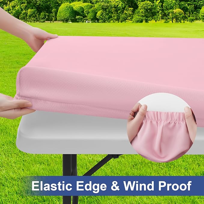 homing Rectangle Table Cloth Cover, Waterproof Polyester Elastic Fitted Tablecloth, Fits for 4 Foot Folding Tables, Washable Table Protector for Picnic, Camping, Outdoor (Pink, 24" x 48")