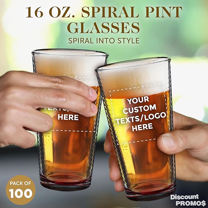 Custom Spiral Pint Glass 16 oz. Set of 100, Personalized Bulk Pack - Beer Glasses, Heavy Duty Drinkware - Red