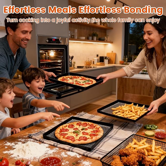 Professional-Grade 2-Pack PTFE Mesh Oven Baskets, 13.5x14.5x1 Inch Non-Stick Solid Oven Trays for Commercial Kitchens & High-Volume Cooking