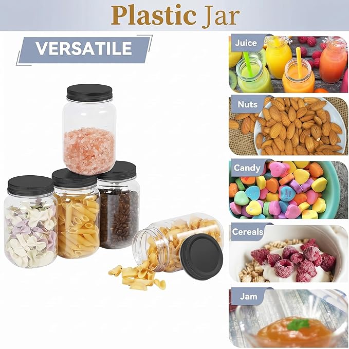 novelinks 16 oz Clear Plastic Jars with Lids, Refillable 16oz Mason Jars with Lids & Storage Containers for Kitchen & Household Use (20 Pack,Black)