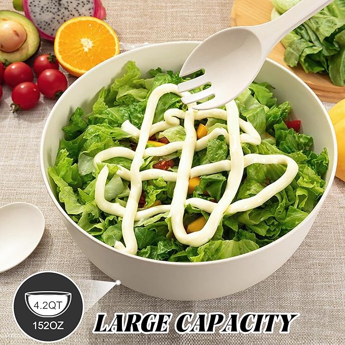 GEHE Bamboo Salad Bowl with Servers Set - Large 9.8 inches mixing bowls Solid Bamboo Salad Wooden Bowl with Lid Spoon for Fruits,Salads and Decoration (White, 9.8INCH)