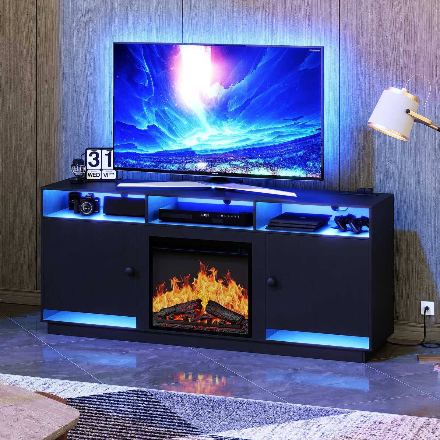 HOOBRO Electric Fireplace TV Stand with Charging Station and LED Lights, Black TV Stand with Fireplace for 32" 43" 50" 55" 65", Entertainment Center with Adjustable Glass Shelves, Black BK88UDDS01