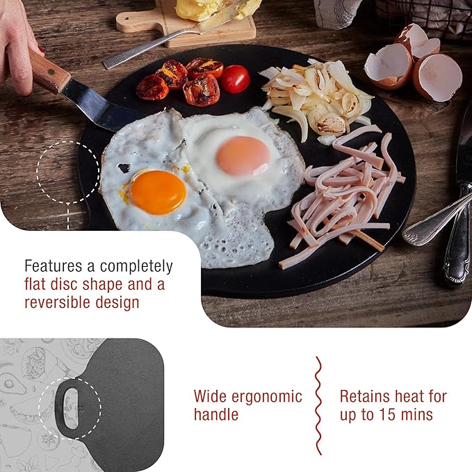 Victoria 15-Inch Cast Iron Tawa Dosa Pan, Pizza Pan with a Loop Handle, Crepe Tawa Preseasoned with Flaxseed Oil, Made in Colombia