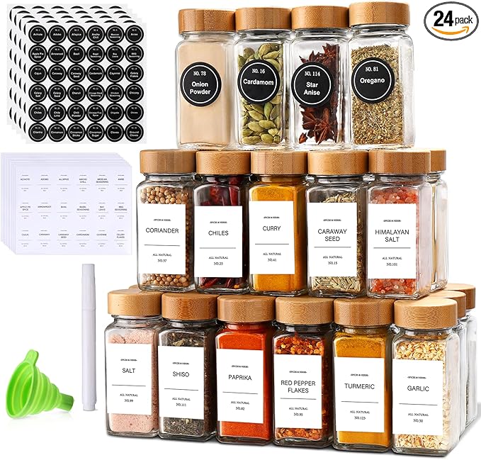 DIMBRAH Spice Jars with Label 24Pcs,Seasoning Containers,Glass Spice Jars with Bamboo Lids,Kitchen Essentials,Spices Container Set,Kitchen Set,Seasoning Organizer,Spice Rack Organizer for Cabinet