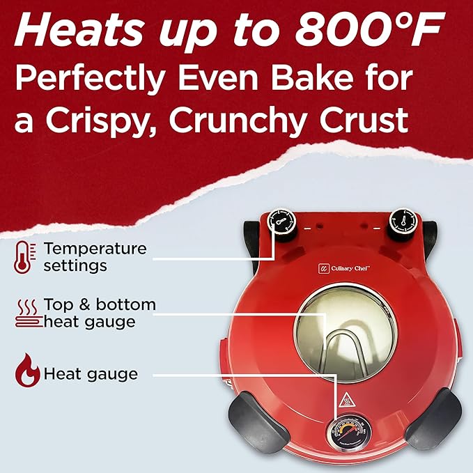 CULINARY CHEF Electric Pizza Oven with Ceramic Stone, Viewing Window, Adjustable Heat Control, Timer and 1200W Baking Power, DIY Homemade Pizzeria, Large 12” Pie Capacity (Red)