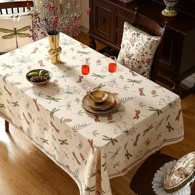 ISAENNE Designer Floral Linen Long Rectangle Tablecloth,French Off White Elegant Table Cloth,Washable Home Decor Tablecloths for Dining Thanksgiving Kitchen Christmas,63"*94"-Grace B