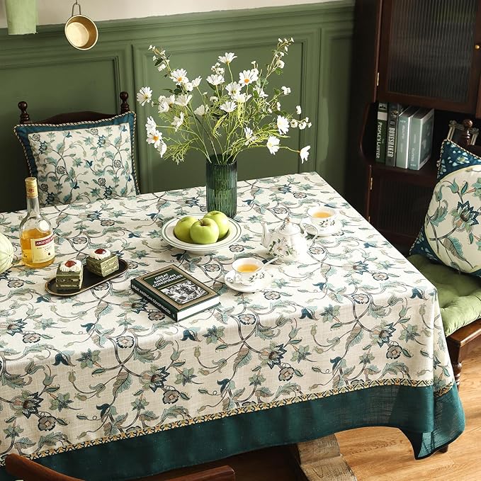 patdrea Designer Green Small Linen Table Cloth for Rectangle Table,Vintage Floral Pattern Durable Tablecloth,French Cover Decor for Kitchen Dining,Christmas,Thanksgiving,Tea Party,55"x71"-Noah