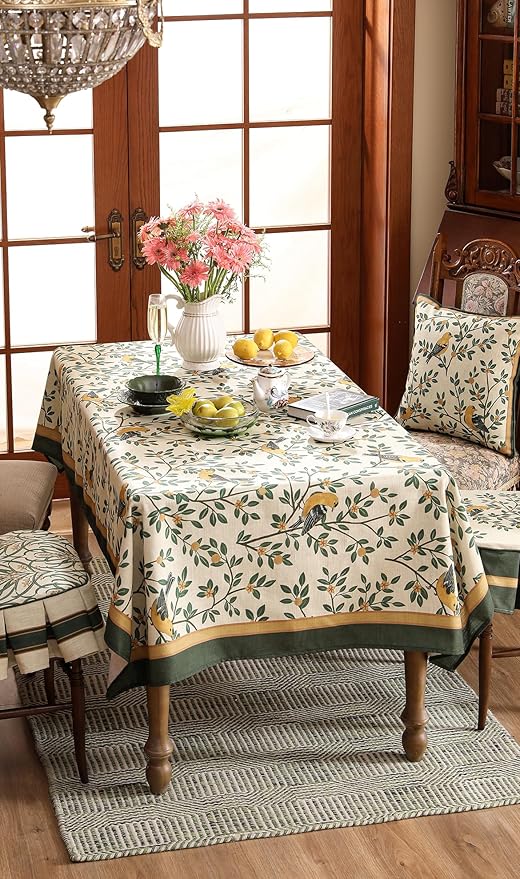 patdrea Designer Green French Linen Rectangular Tablecloth,Vintage Durable Floral Table Cloth,Decorative Table Cover for Kitchen Dining,Parties,Party,Christmas,Thanksgiving,55"x87"-Warbler