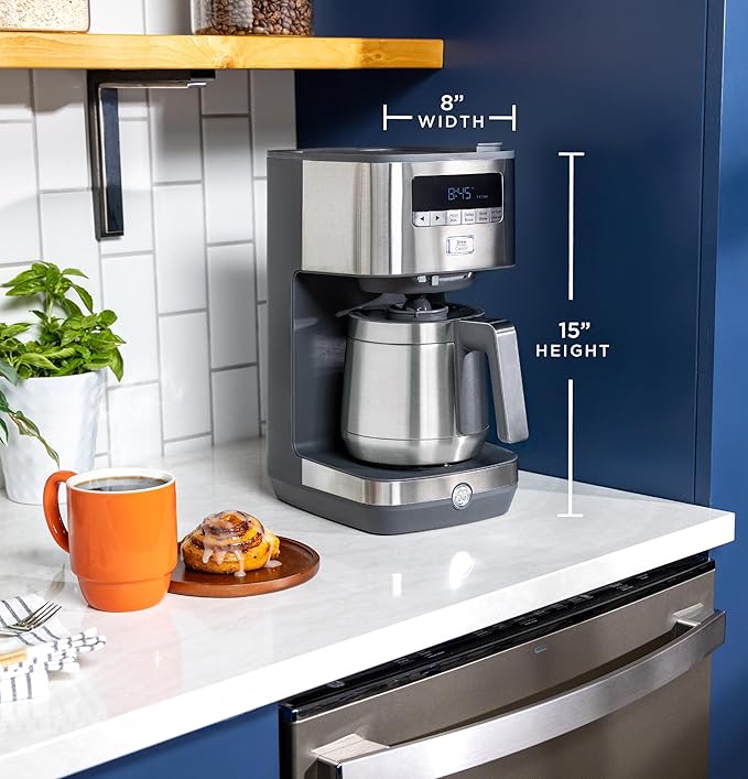 GE Drip Coffee Maker With Timer | 10-Cup Thermal Carafe Coffee Pot Keeps Coffee Warm for 2 Hours | Adjustable Brew Strength | Wide Shower Head for Maximum Flavor | Kitchen Essentials | Stainless Steel