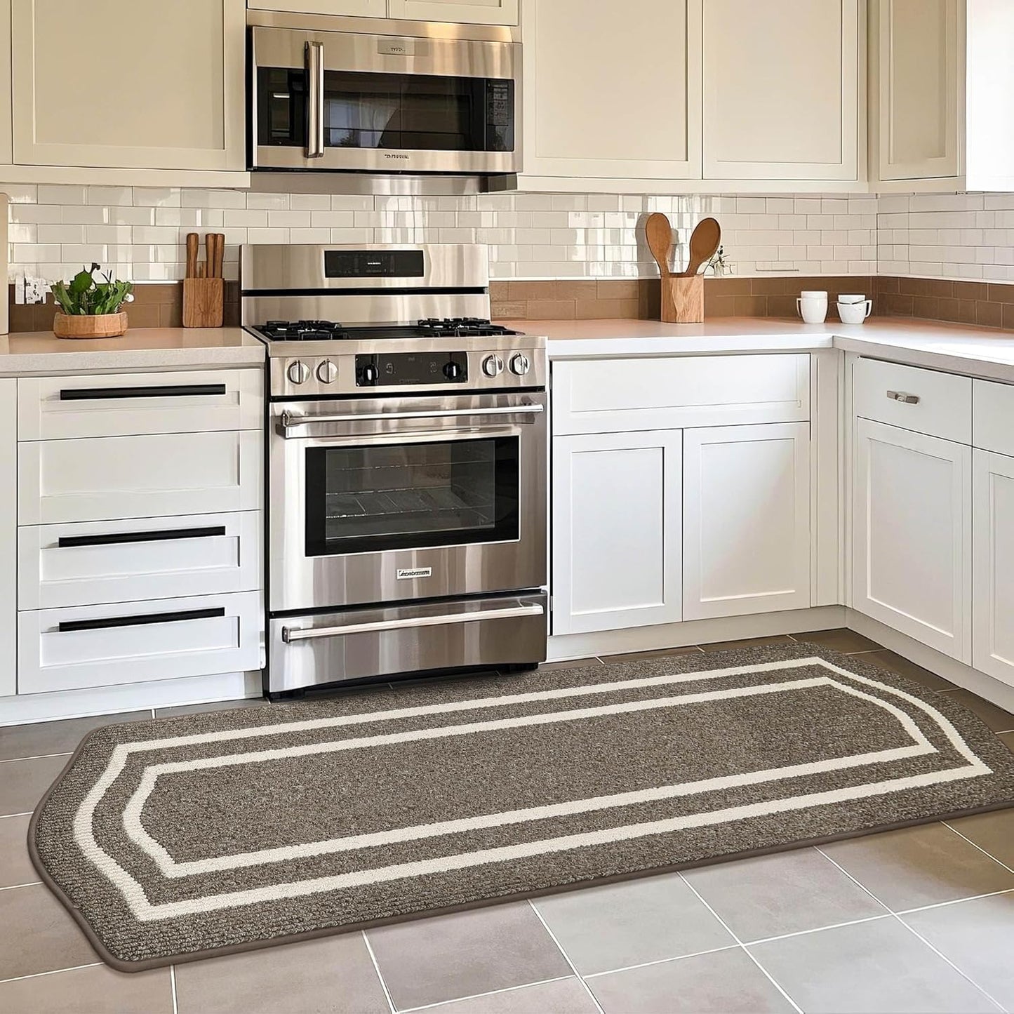 COSY HOMEER Long Kitchen Floor Mats for in Front of Sink Super Absorbent Kitchen Rugs and Mats 24"x79" Non-Skid Kitchen Mat Standing Mat Washable,Polypropylene,Brown,Frame