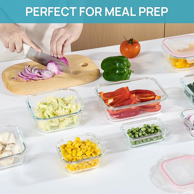 Vtopmart 8 Pack Glass Food Storage Containers with Airtight Lids, Glass Meal Prep Containers, Lunch Containers for Microwave, Oven, Freezer and Dishwasher, BPA Free