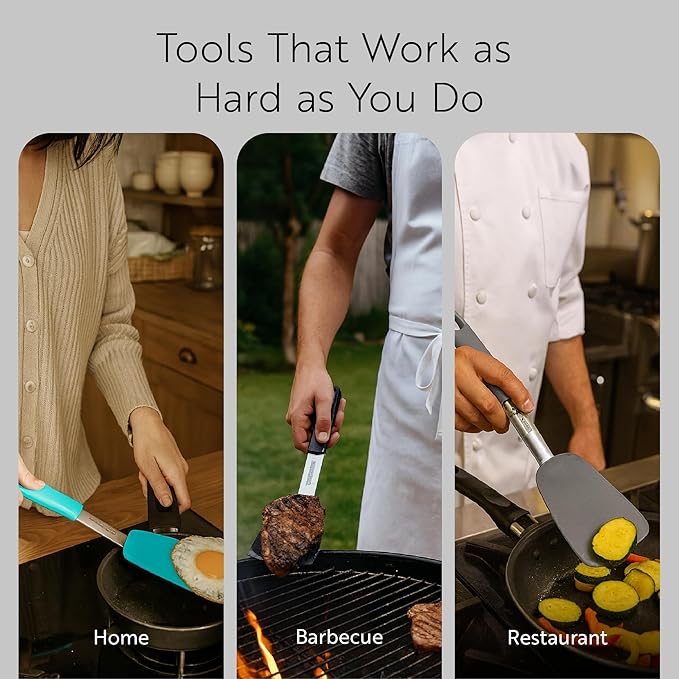 Restaurantware Comfy Grip 12 x 3 Inch Silicone Turner 1 Durable Cooking Turner - Stainless Steel Body Rubber Handle With Hole Black Silicone Flipper Spatula Tolerates Up To 446F Dishwashable