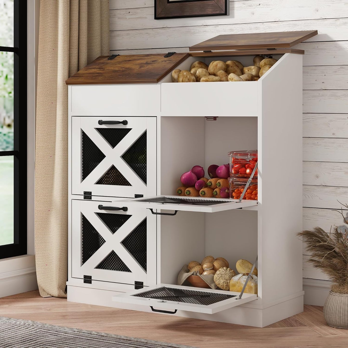 Large Wood Bread Box for Potato,Onion.Veggie Bin W/6 Large Storage Box.Root Vegetable Storage Box For Kitchen,Farmhouse Potato Storage Bin W/4 Mesh Doors,Bread Keeper for Toast,Bagel,Donut,Cookies