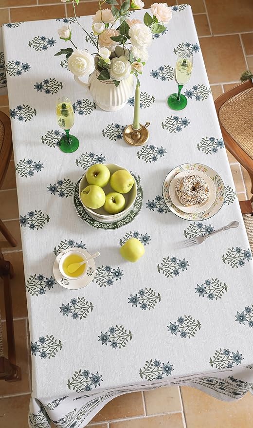 ISAENNE Designer White Linen Square Tablecloth,Chinoiserie Floral Elegant Indoor Table Cloth,Fall Stain Proof Decor Tablecloths for Dining Thanksgiving Kitchen Party,67"*67"-Mosella F