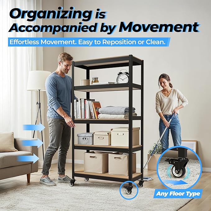HOMEDANT House 5-Tier Metal Rolling Cart Shelf Rack Casters Heavy Duty Laminated Wheel Shelving Unit Adjustable Utility Storage Shelves Organizer Shelf Kitchen Garage 24.4" W x 16.5" D x 62.2" H 2Pack