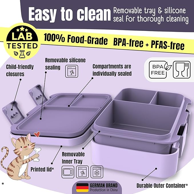 BEARFOOT Kids Lunch Box with Compartments – Compact & Lightweight | Leak-Proof, BPA-Free, Dishwasher & Microwave Safe | Hand-Drawn Design for Preschool, School, Travel (Llama Purple, 2.75 Cups)