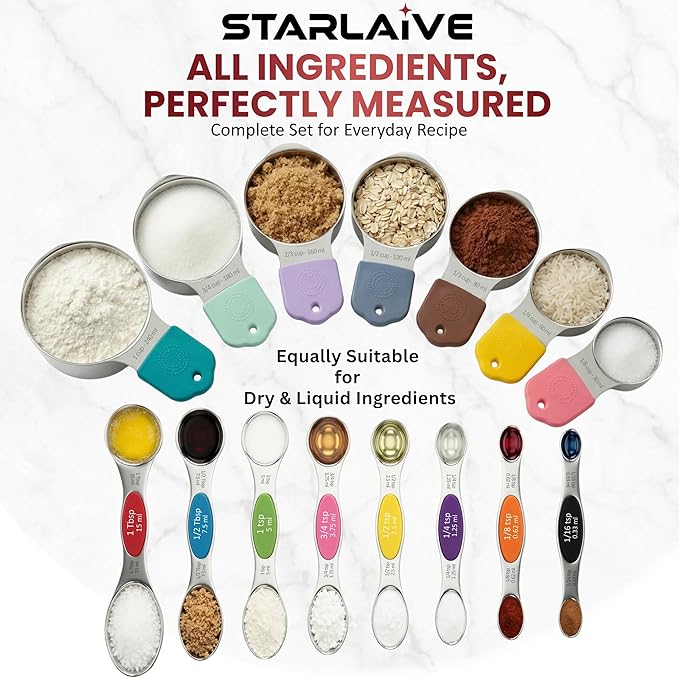 16-Pcs Measuring Cups & Magnetic Spoons Set with Leveler, Food-Grade Stainless Steel, Stackable Design, Silicone Handles, Precise Metal Measuring Cups and Spoons Set for Cooking & Baking (Multicolor)