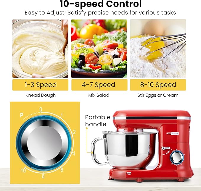 VIVOHOME Stand Mixer with Fermentation, One-Touch Presets, and 6 Qt Bowl, White, and VIVOHOME 660W 10 Speed 6 Quart Stand Mixer with Beater, Dough Hook, Wire Whip and Egg Separator, Red