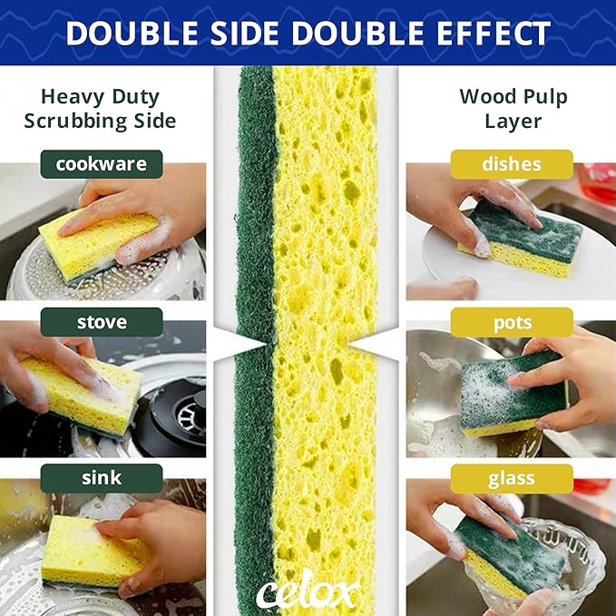 CELOX 36 Pack Dish Sponge for Kitchen, 2 Pack Dish Brush with Soap Dispenser for Kitchen Cleaning