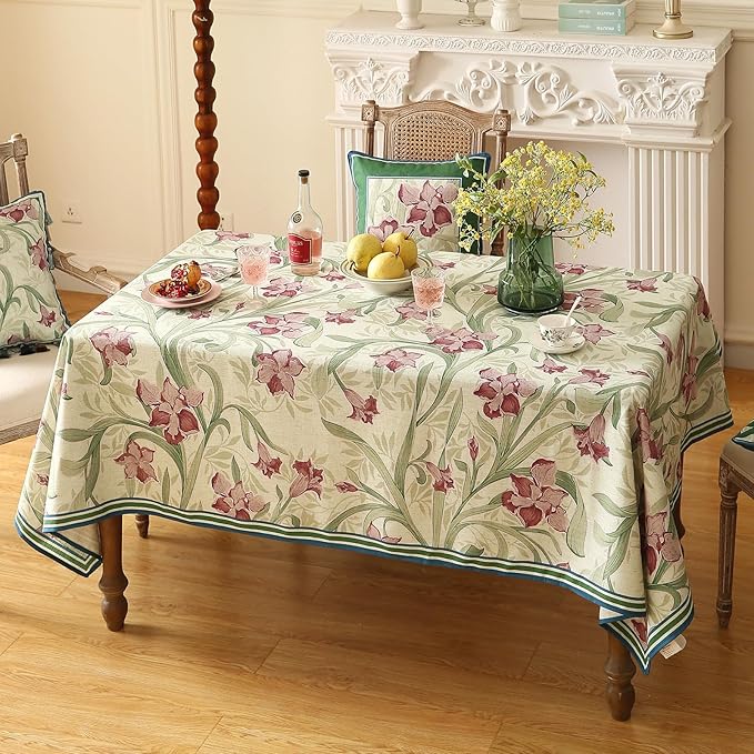 patdrea Designer Linen Green Rectangle Tablecloth,Framhouse Violets Pattern Floral Extra Long Tablecloths,Table Cover Decor for Kitchen Dining Christmas,Thanksgiving,Tea Party,63"x110"-Tara a