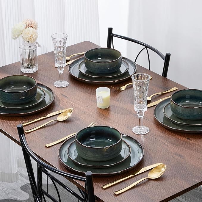 E-far Dinnerware Sets for 6, 18-Piece Stoneware Plates and Bowls Set, Ceramic Dishes Reactive Glaze Dinning Ware, Microwave & Dishwasher Safe - Obsidian Green