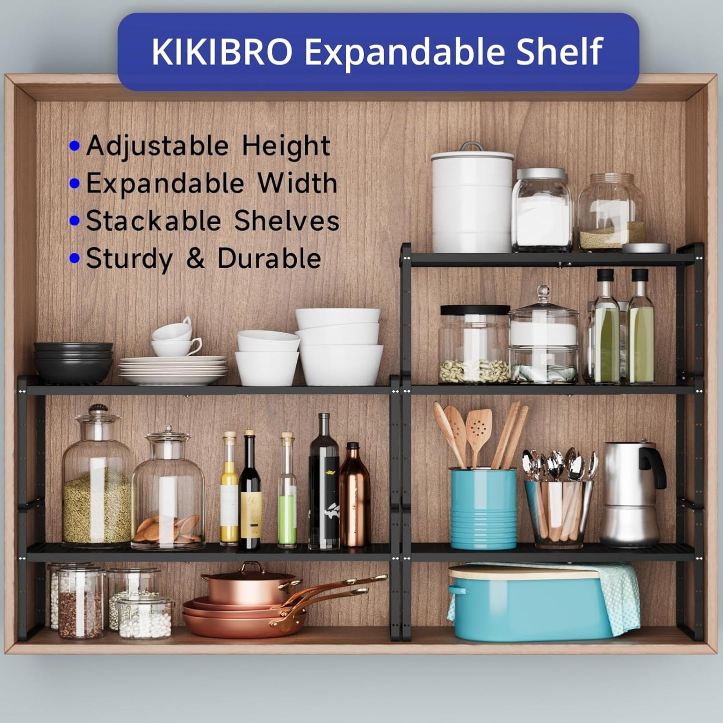 Expandable Kitchen Shelf Organizers, Kitchen Cabinet Organizer Stand Rack Organization for Countertop Cupborad Pantry, Black 3 Pack
