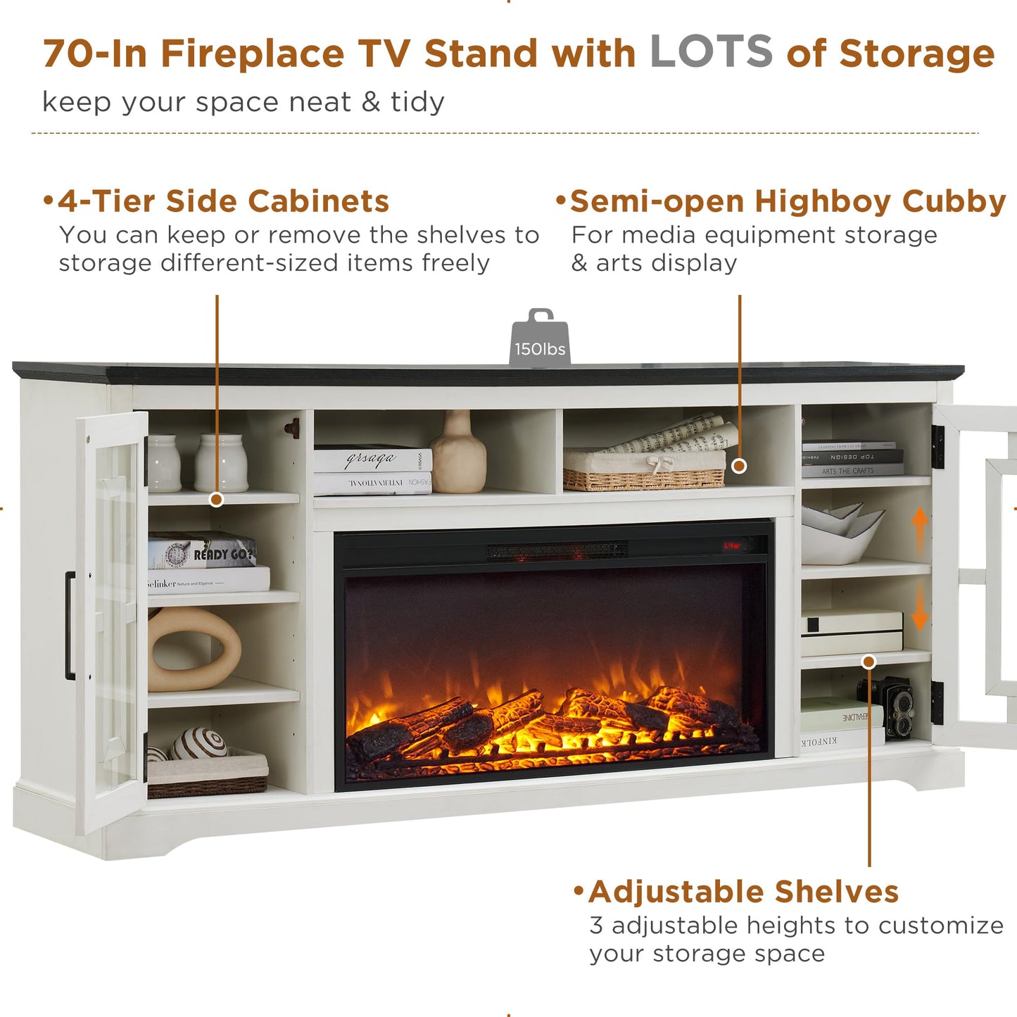 JXQTLINGMU Farmhouse Fireplace TV Stand with 36" Electric Fireplace for 80 Inch TV, 32" Tall Entertainment Center, Modern Media Console, 6 Shelves Storage Cabinet for Living Room, Distressed White