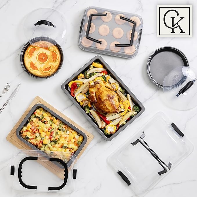Country Kitchen Baking Pans Set - 10 Piece Non-Stick Cake Pans with Carry Lids for Easy Storage & Travel, Perfect for Parties - Stackable, Black