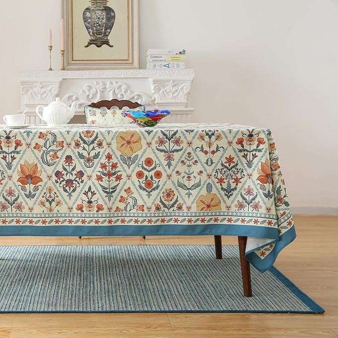 ISAENNE Designer Linen Elegant Extra Long Rectangle Tablecloth,Colorful Floral Bohemian Table Cloth,Wrinkle Resistant Decor Tablecloths for Dining Thanksgiving Kitchen,63"*110"-Floralsea A