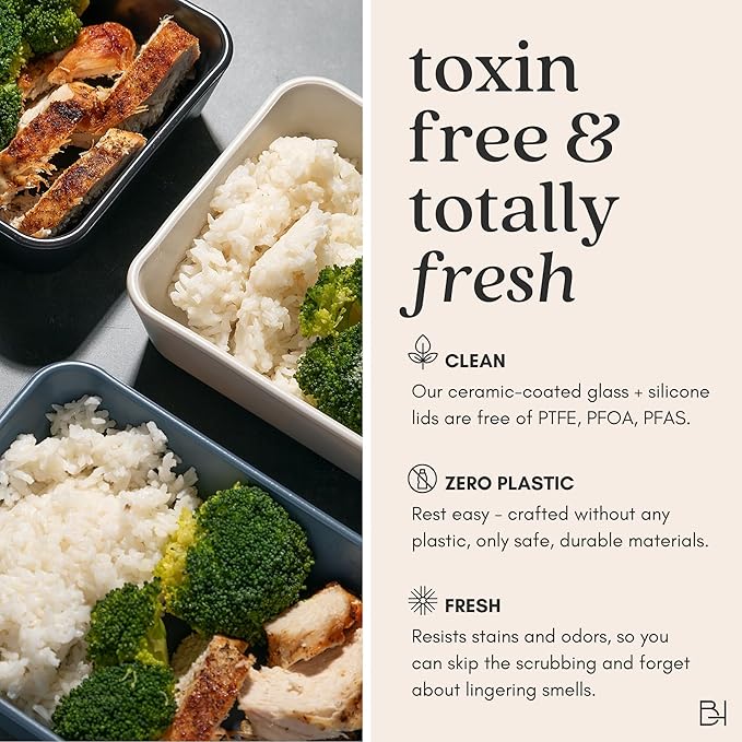 Ceramic Coated Glass Food Storage Container | No PTFE, PFOA, PFAS, and BPA | Reusable Non Toxic Meal Prep Container with Glass Lid | Easy To Store | 6 Cup Rectangle [Willow]