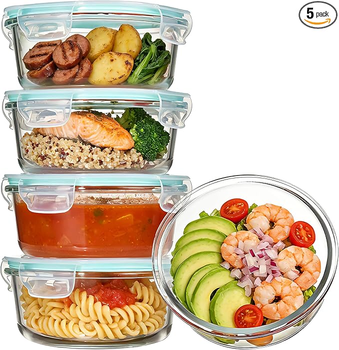Vtopmart 5Pack 22oz Glass Storage Containers with Lids, Glass Meal Prep Food Container Sets with Snap Airtight Lids for Microwave, Oven, Freezer and Dishwasher, Green, Round