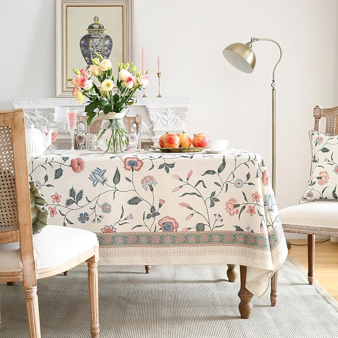 ISAENNE Designer Chinoiserie Linen Floral Small Square Tablecloth,White Wrinkle Resistant Table Cloth,Elegant Decor Tablecloths for Dining Thanksgiving Kitchen Party Christmas,55"*55"-Daffy