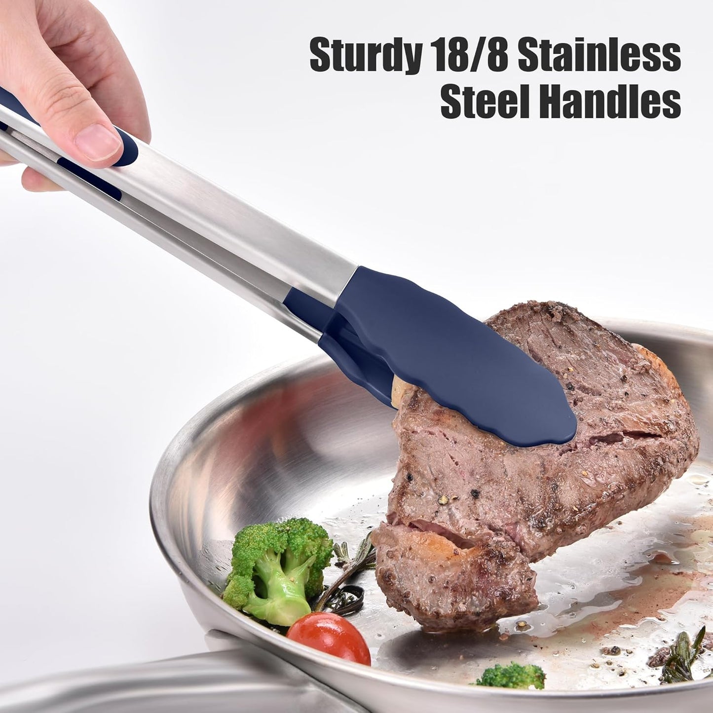 Doosu Kitchen Tongs for Cooking - 600°F Heat Resistant Food Tong with Non-Scratch Silicone Tips, Heavy Duty Stainless Steel Locking Tong for BBQ, Grilling Steak, Serving Salad Pasta (12in, Navy Blue)