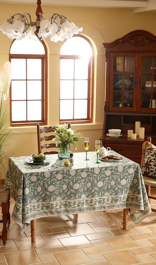 ISAENNE Designer Grayish Green Linen Small Square Tablecloth,Floral Stain Resistant Table Cloth,Fall Vintage Decor Tablecloths for Dining Thanksgiving Kitchen Tea Party,55"*55"-Andrew A