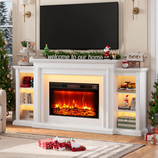 80" LED Electric Fireplace with Mantel, Fireplace TV Stand for 90 Inch TV, Modern Entertainment Center with Storage, Delicate Three-Dimensional Molding with Remote Control for Living Room