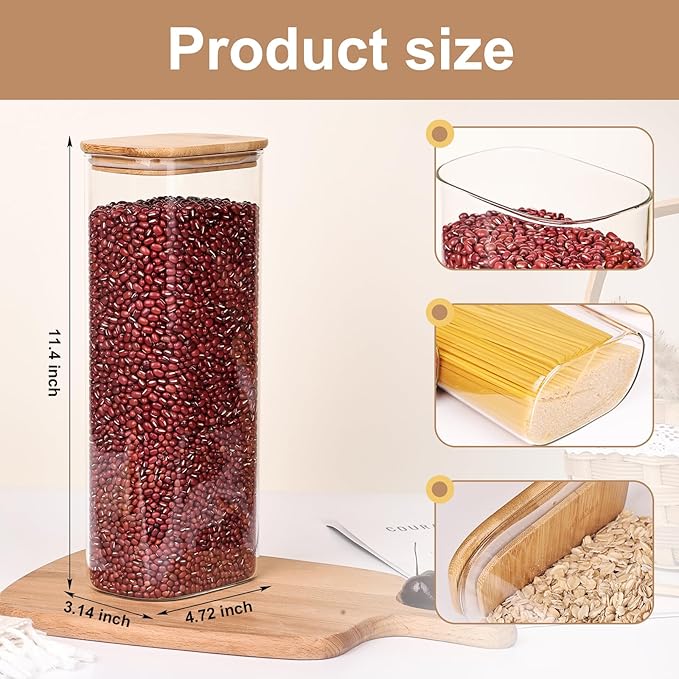 Liuruiyu Glass Storage Jars Set of 3, Clear Glass Food Storage Containers with Airtight Bamboo Lid Stackable Kitchen Canisters for Candy,Cookie,Rice,Sugar,Flour,Pasta(Flat)