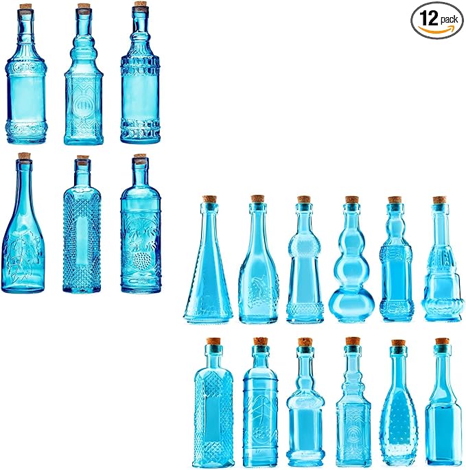 BULK PARADISE Decorative 6 Pack Clear Glass Bottles and Small Mini 12 Pack Clear Glass Bottles
