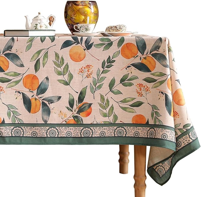 patdrea Designer Vintage Linen Rectangle Table Cloth,Framhouse Oranges and Leaves Pattern French Tablecloth,Fall Decor Cover for Kitchen Dining Christmas,Thanksgiving,63"x87"-Palladin a