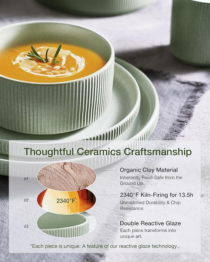 Famiware Star 24-Piece Stoneware Dinnerware Sets for 6 - Shallow Pasta Bowls & Flat Plates, Modern Rustic Reactive Glaze Dishes, Chip & Scratch Resistant, Microwave & Dishwasher Safe, Matte Sage Green
