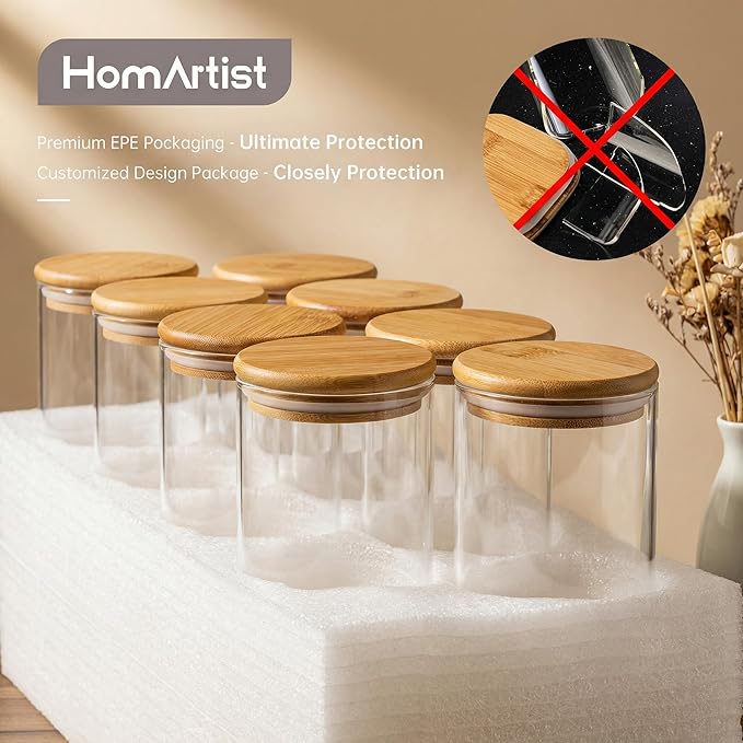 HomArtist 21oz - 4 Pack Glass Jars with Bamboo Lids, Glass Food Storage Containers with Airtight Lids, Air Tight Pantry Storage Containers for Coffee, Sugar, Spice, Meal Prep Jars for Salad & Fruit