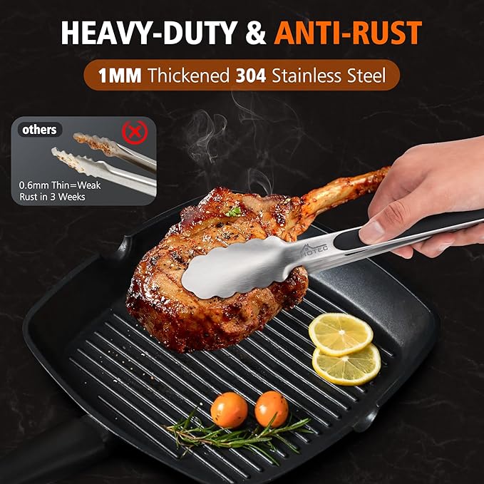 Hotec Stainless Steel Kitchen Tongs, Set of 2-9", Locking Metal Food Tongs for Cooking, Serving, BBQ, Grill Non-Slip Grip